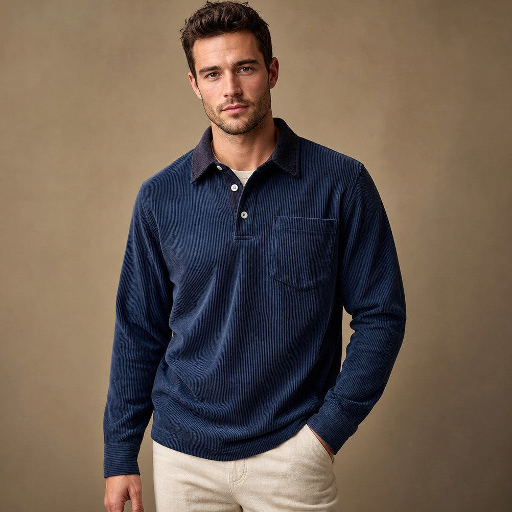 Carlon | Polo Shirt Corduroy Long Sleeve Navy Blue – Product Photo