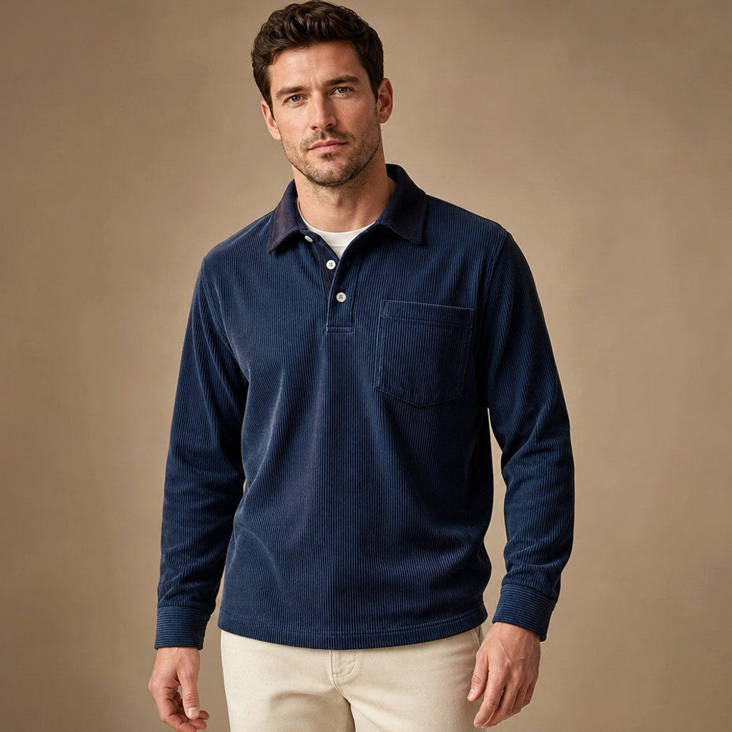 Carlon | Polo Shirt Corduroy Long Sleeve in Navy Blue – Premium Editorial