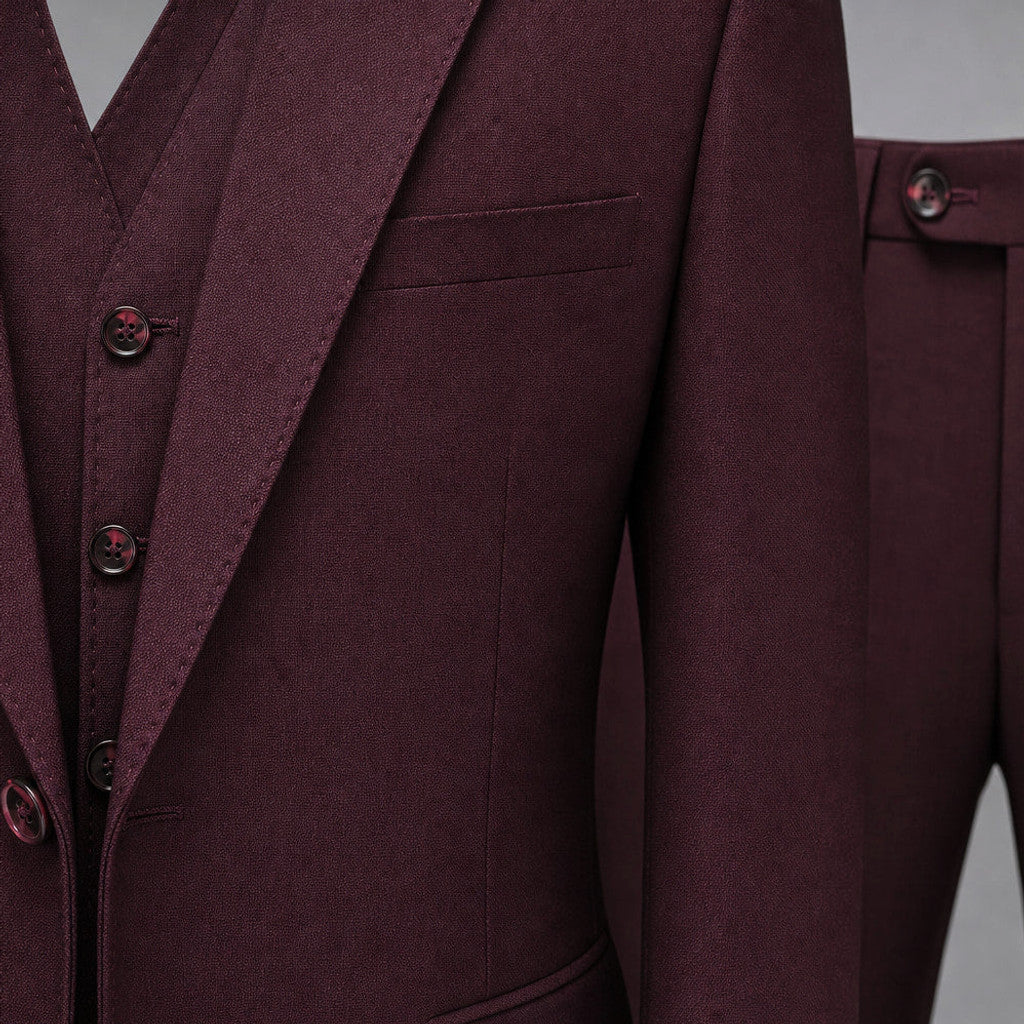Carnby | Three Piece Suit Two Button Burgundy Burgundy – Fabric and Detail Close-Up