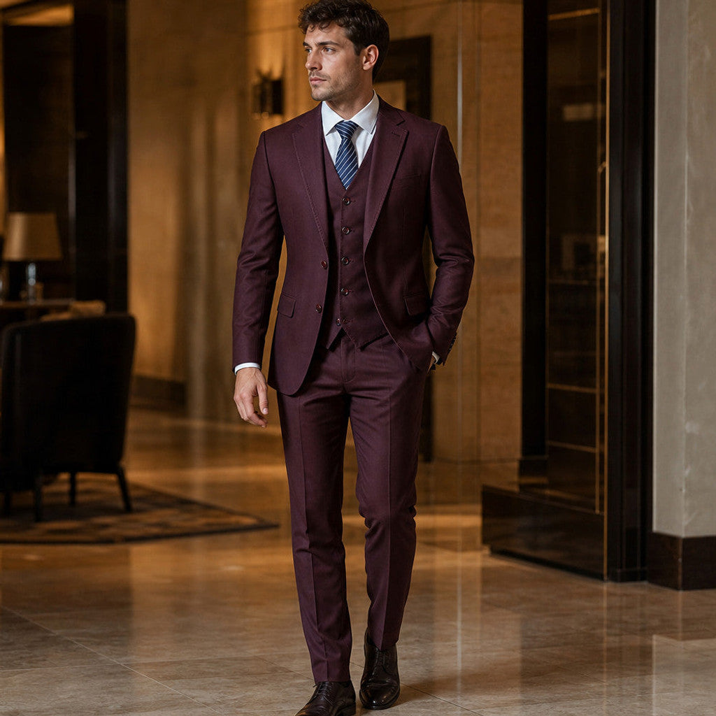 Carnby | Three Piece Suit Two Button Burgundy Burgundy – Styled Editorial Shot