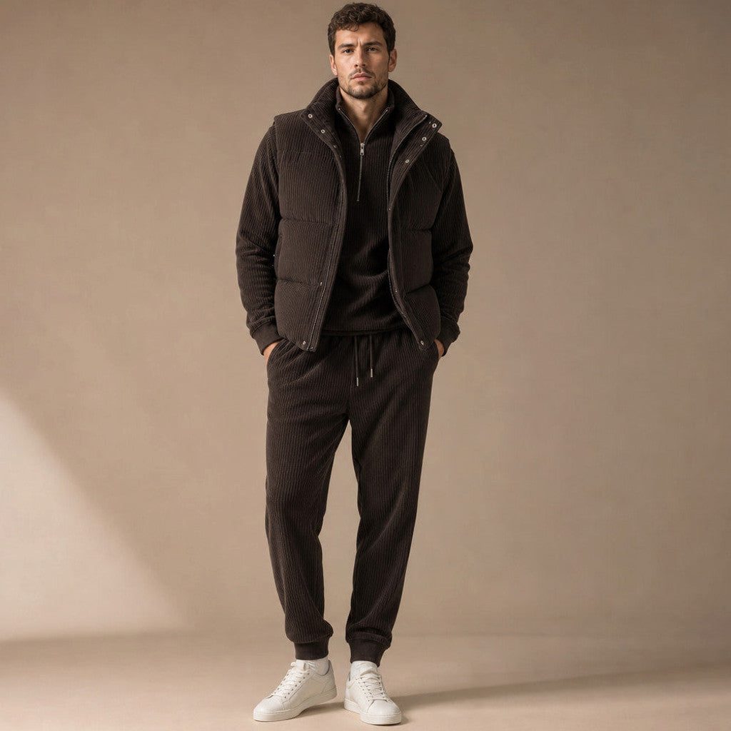 Carner | 3 Piece Set Padded Gilet Corduroy Effect Chocolate – Product Photo