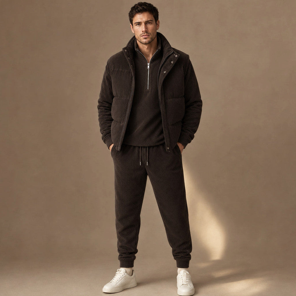 Carner | 3 Piece Set Padded Gilet Corduroy Effect in Chocolate – Premium Editorial