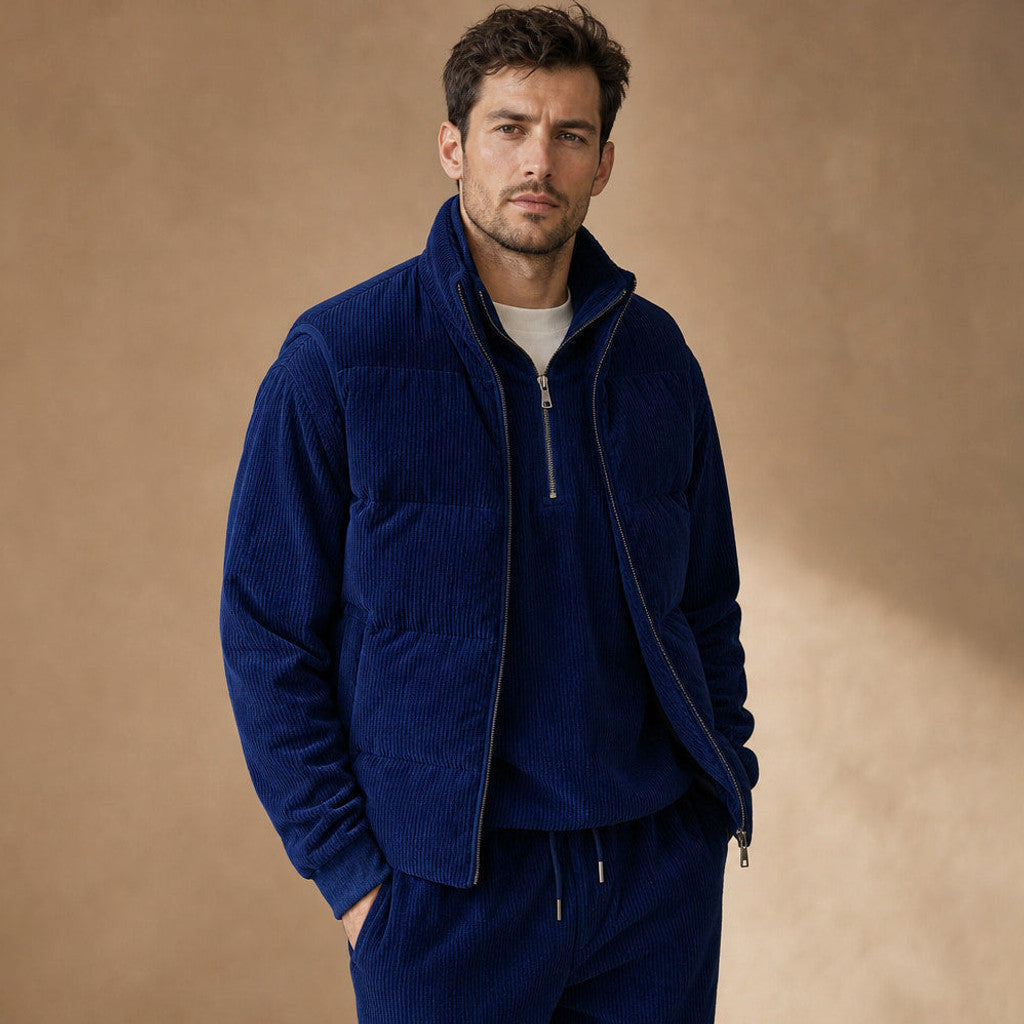 Carner | 3 Piece Set Padded Gilet Corduroy Effect Navy – Side Angle View