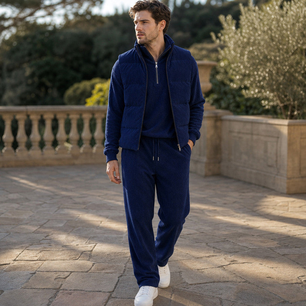 Carner | 3 Piece Set Padded Gilet Corduroy Effect Navy – Styled Editorial Shot