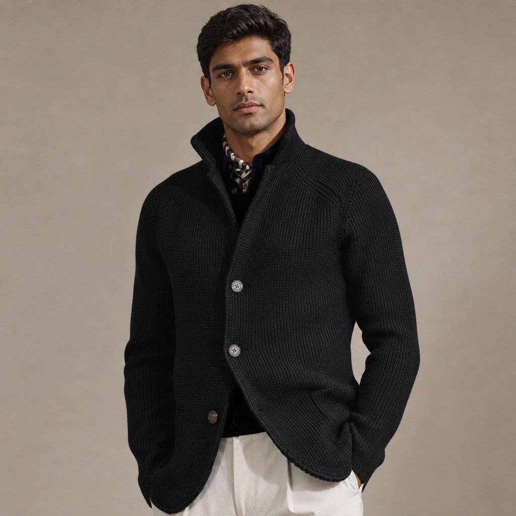 Cardigan Button Front Knit Relaxed Fit in Black – Tomosino Premium Menswear