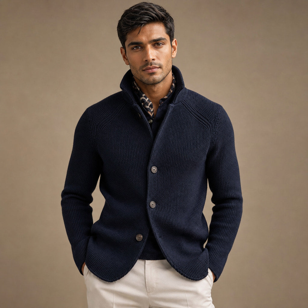 Cardigan Button Front Knit Relaxed Fit in Blue – Tomosino Premium Menswear