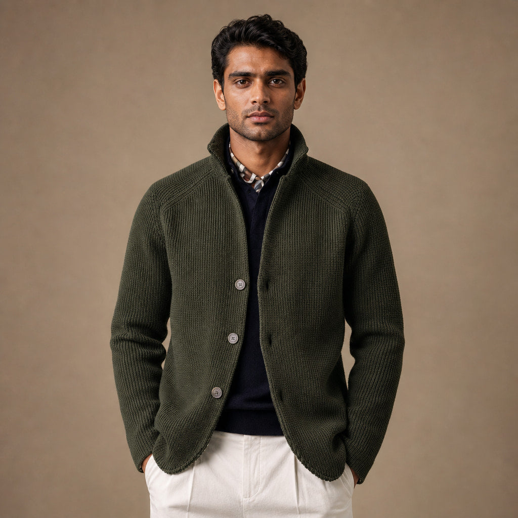 Cardigan Button Front Knit Relaxed Fit in Green – Tomosino Premium Menswear