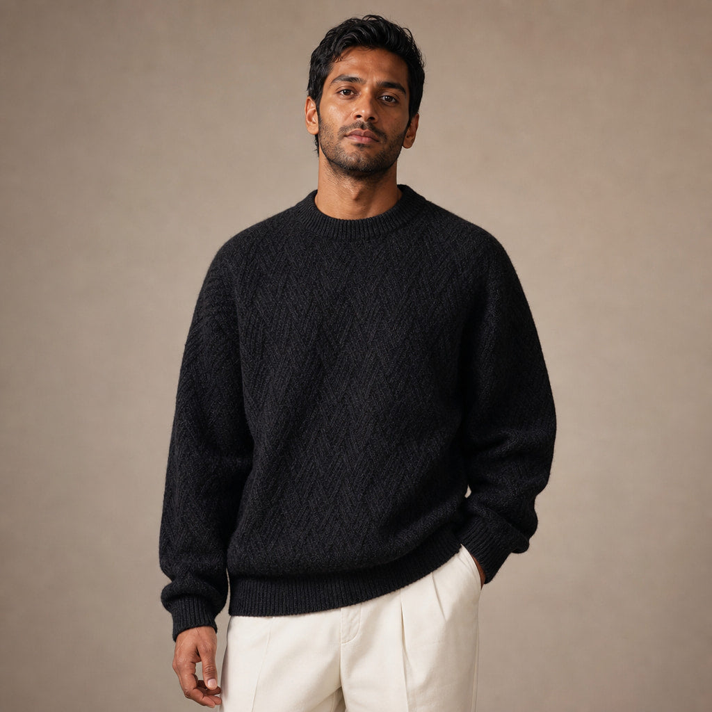Crew Neck Jumper Textured Knit Black – Product Photo