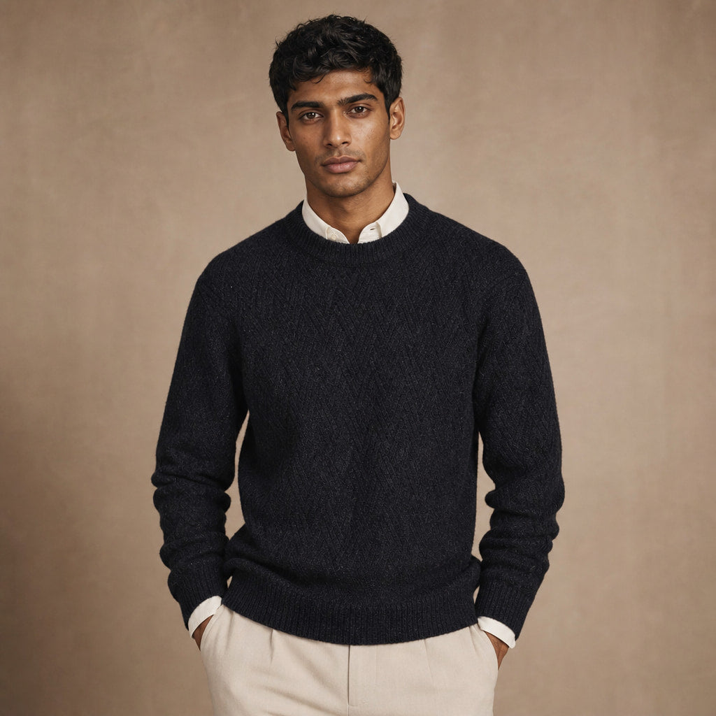 Crew Neck Jumper Textured Knit in Black – Tomosino Premium Menswear