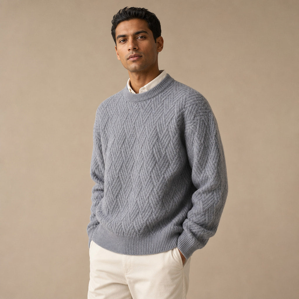 Crew Neck Jumper Textured Knit Grey – Side Angle View