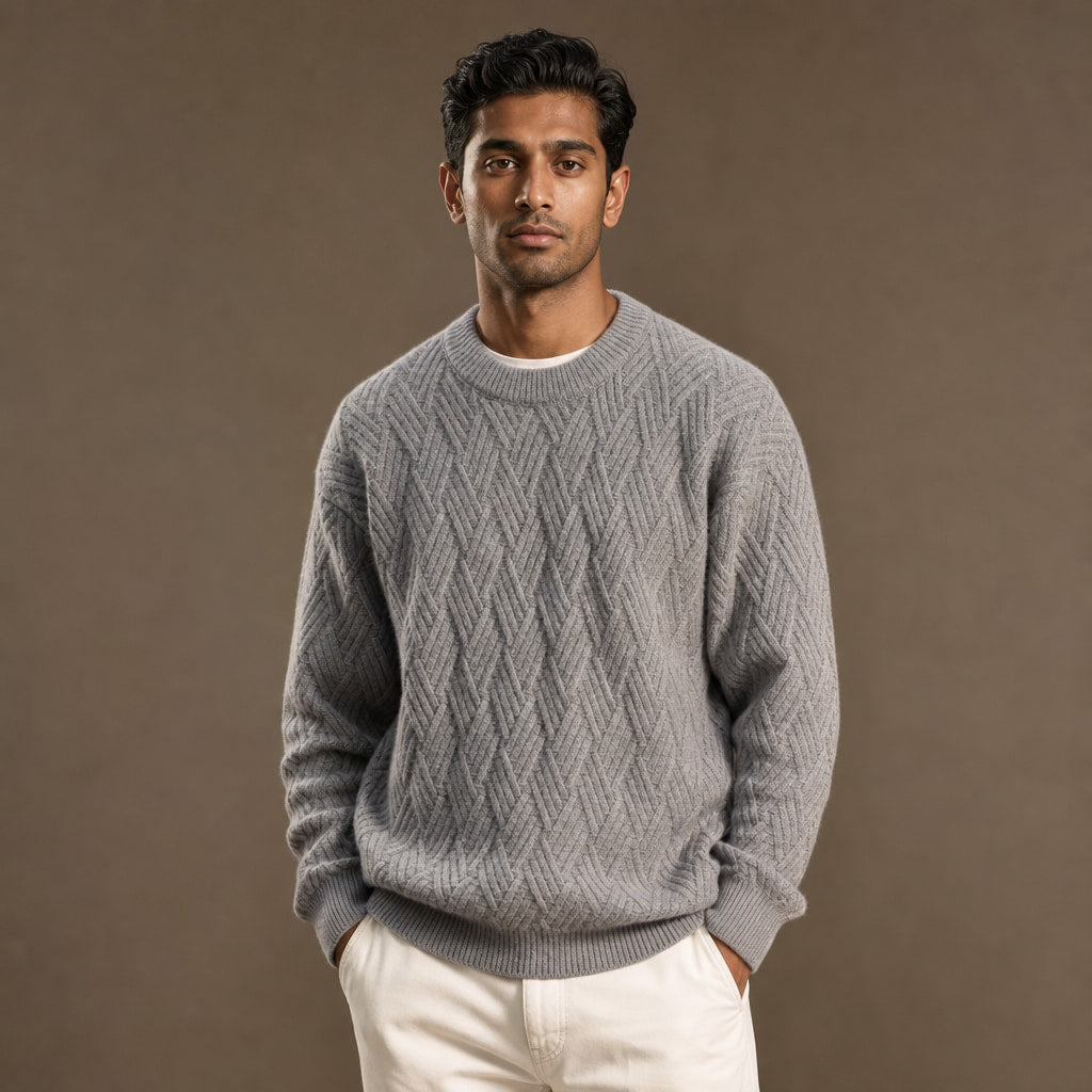 Crew Neck Jumper Textured Knit in Grey – Tomosino Premium Menswear