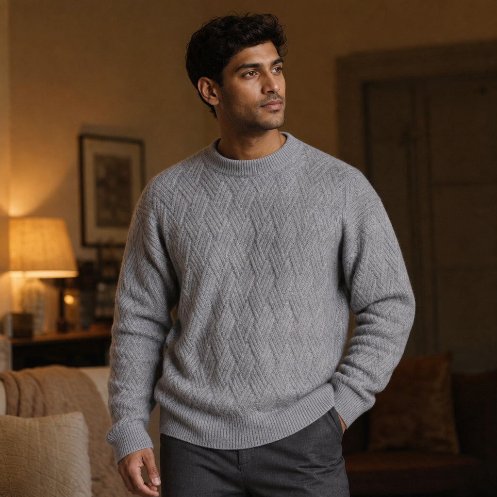 Crew Neck Jumper Textured Knit Grey – Styled Editorial Shot