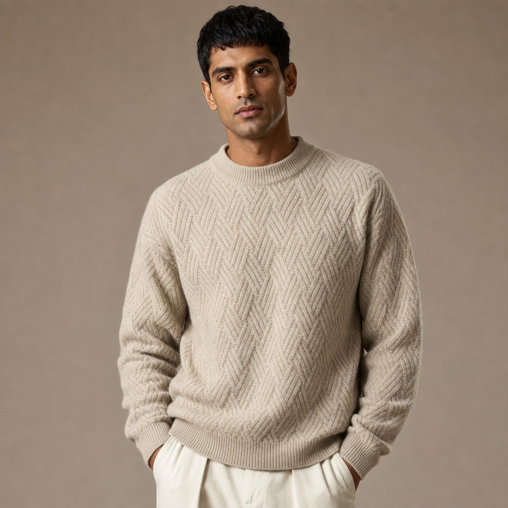 Crew Neck Jumper Textured Knit in Khaki – Tomosino Premium Menswear