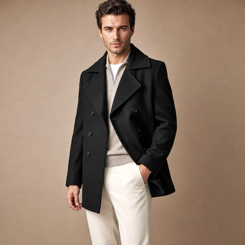 Caspian | Pea Coat Double Breasted Wool Black – Product Photo