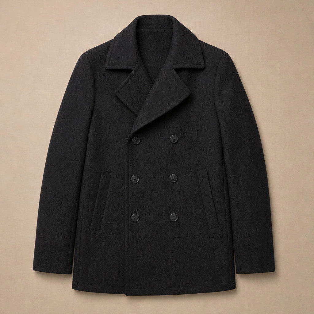 Caspian | Pea Coat Double Breasted Wool Black – Product Photo