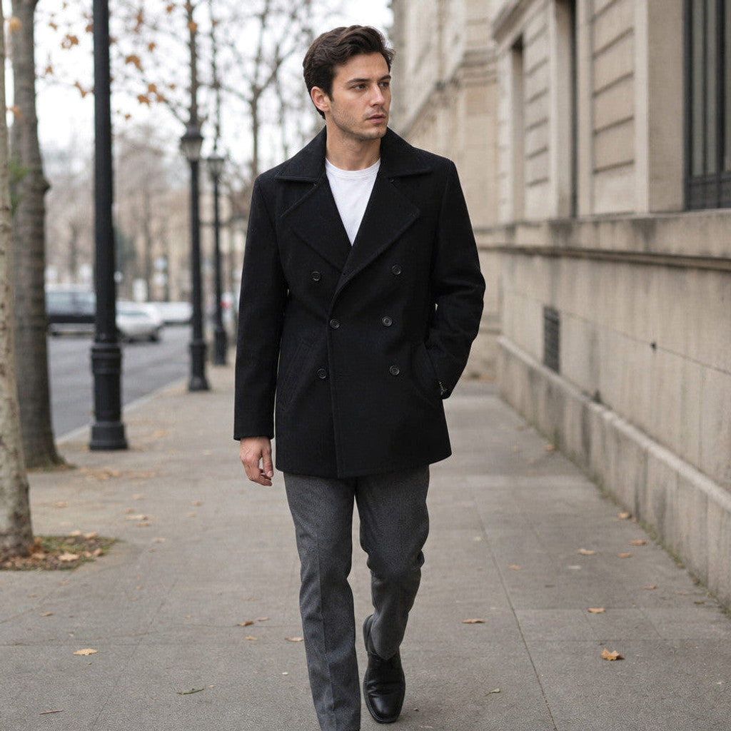 Caspian | Pea Coat Double Breasted Wool Black – Product Photo