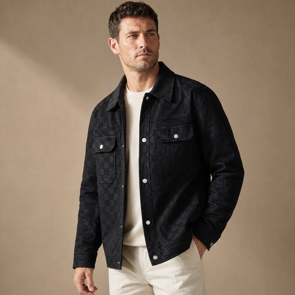 Castleton | Checked Jacket Velour Suede Black – Side Angle View