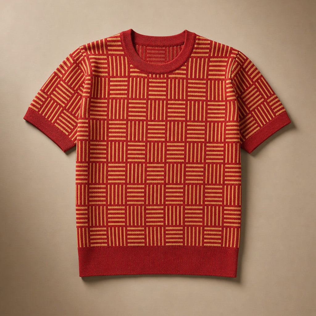 Caston | Knit T Shirt Jacquard Crew Neck Crimson Amber – Product Photo