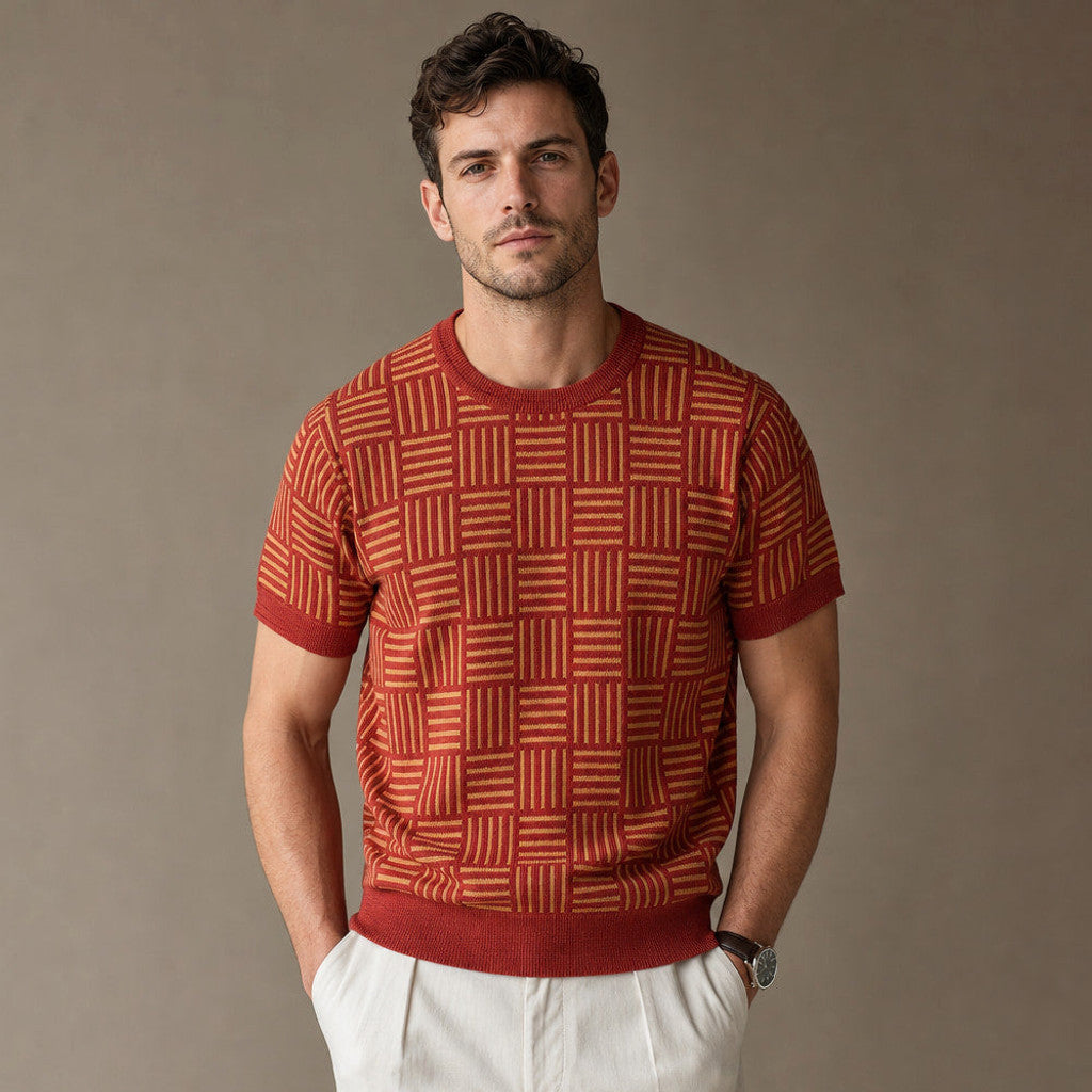 Caston | Knit T Shirt Jacquard Crew Neck in Crimson Amber – Premium Editorial