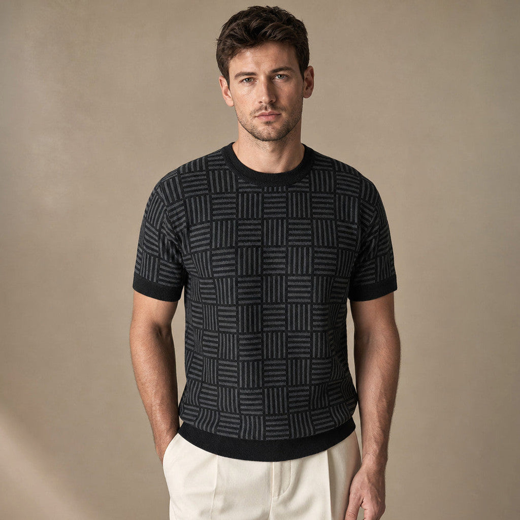 Caston | Knit T Shirt Jacquard Crew Neck in Midnight Graphite – Premium Editorial