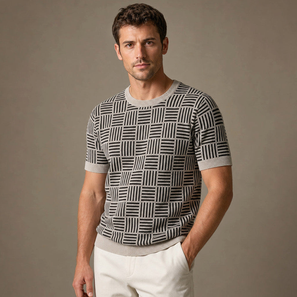 Caston | Knit T Shirt Jacquard Crew Neck Sandstone Black – Side Angle View