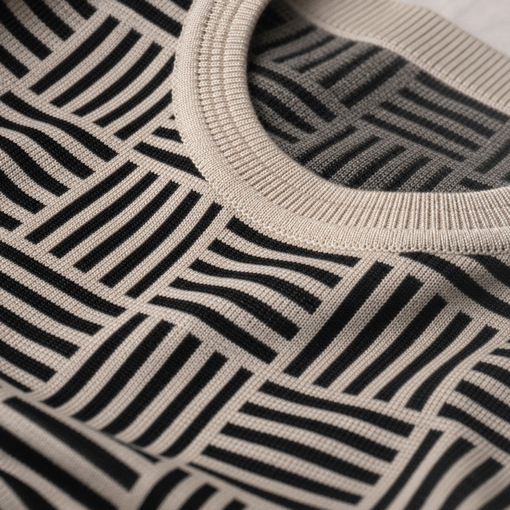 Caston | Knit T Shirt Jacquard Crew Neck Sandstone Black – Fabric and Detail Close-Up