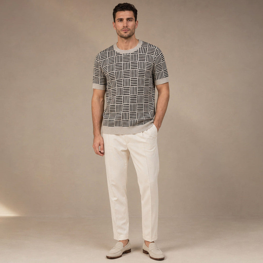 Caston | Knit T Shirt Jacquard Crew Neck Sandstone Black – Full Look