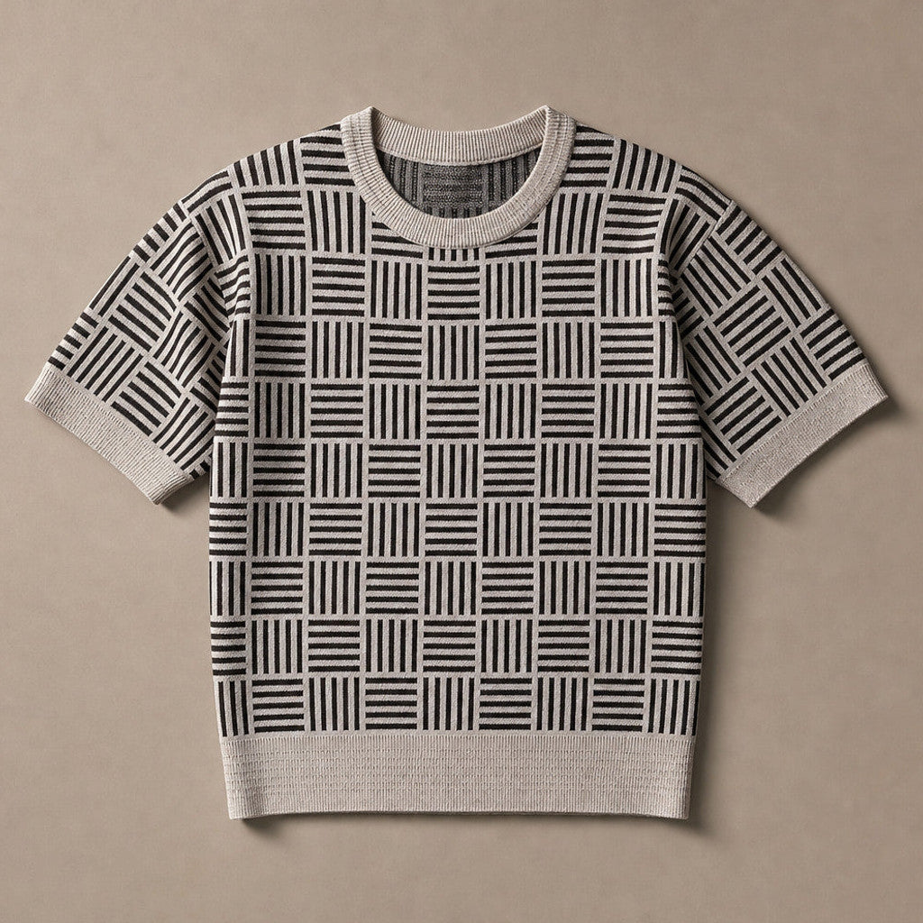 Caston | Knit T Shirt Jacquard Crew Neck Sandstone Black – Product Photo