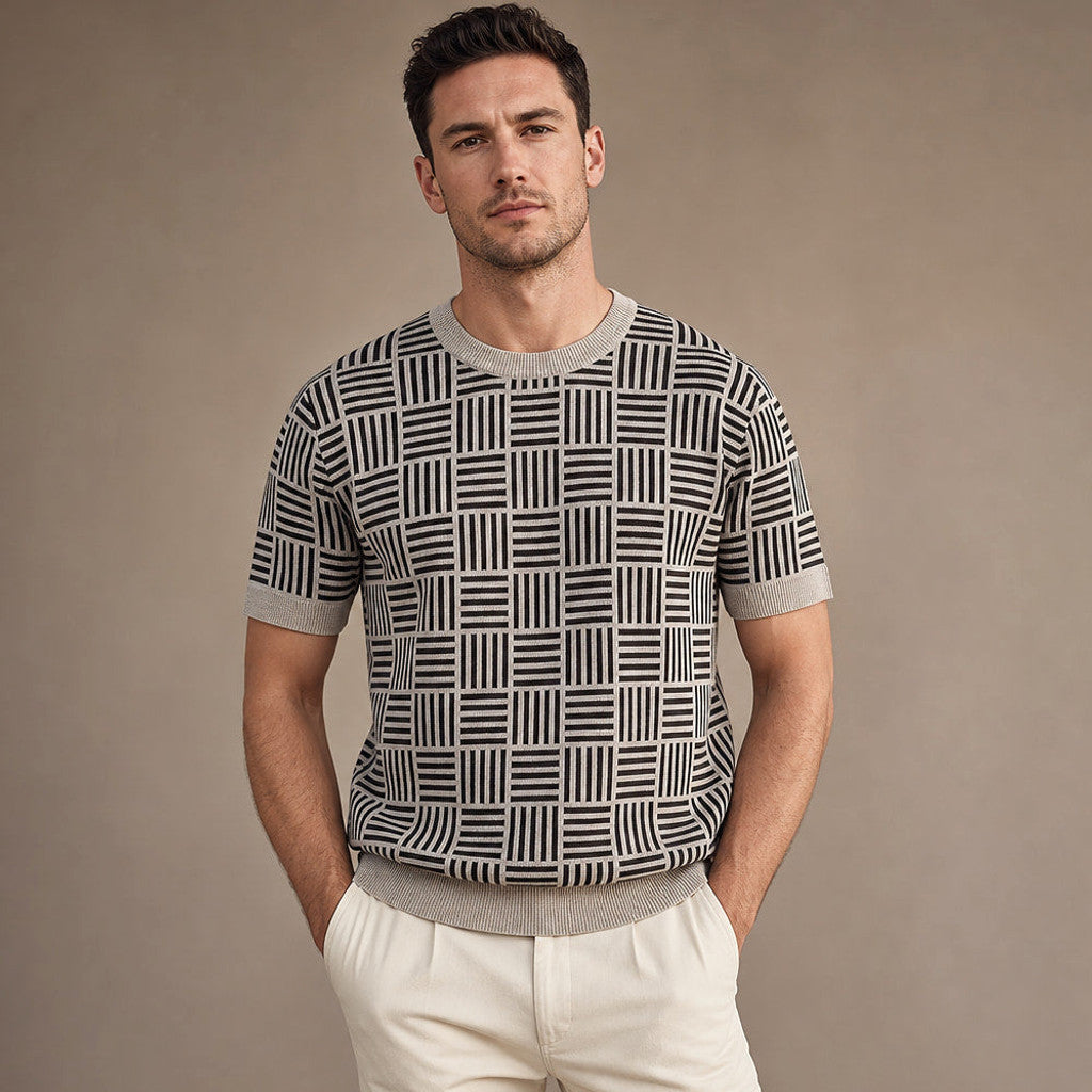 Caston | Knit T Shirt Jacquard Crew Neck in Sandstone Black – Premium Editorial