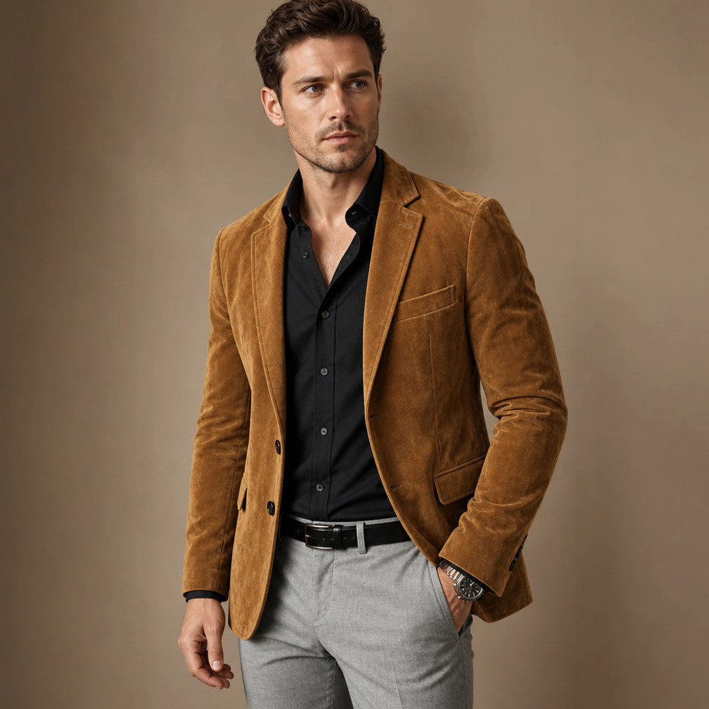 Catron | Suede Blazer Slim Fit Two Button Khaki – Side Angle View