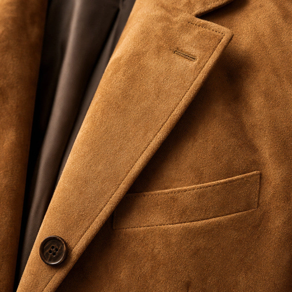 Catron | Suede Blazer Slim Fit Two Button Khaki – Fabric and Detail Close-Up