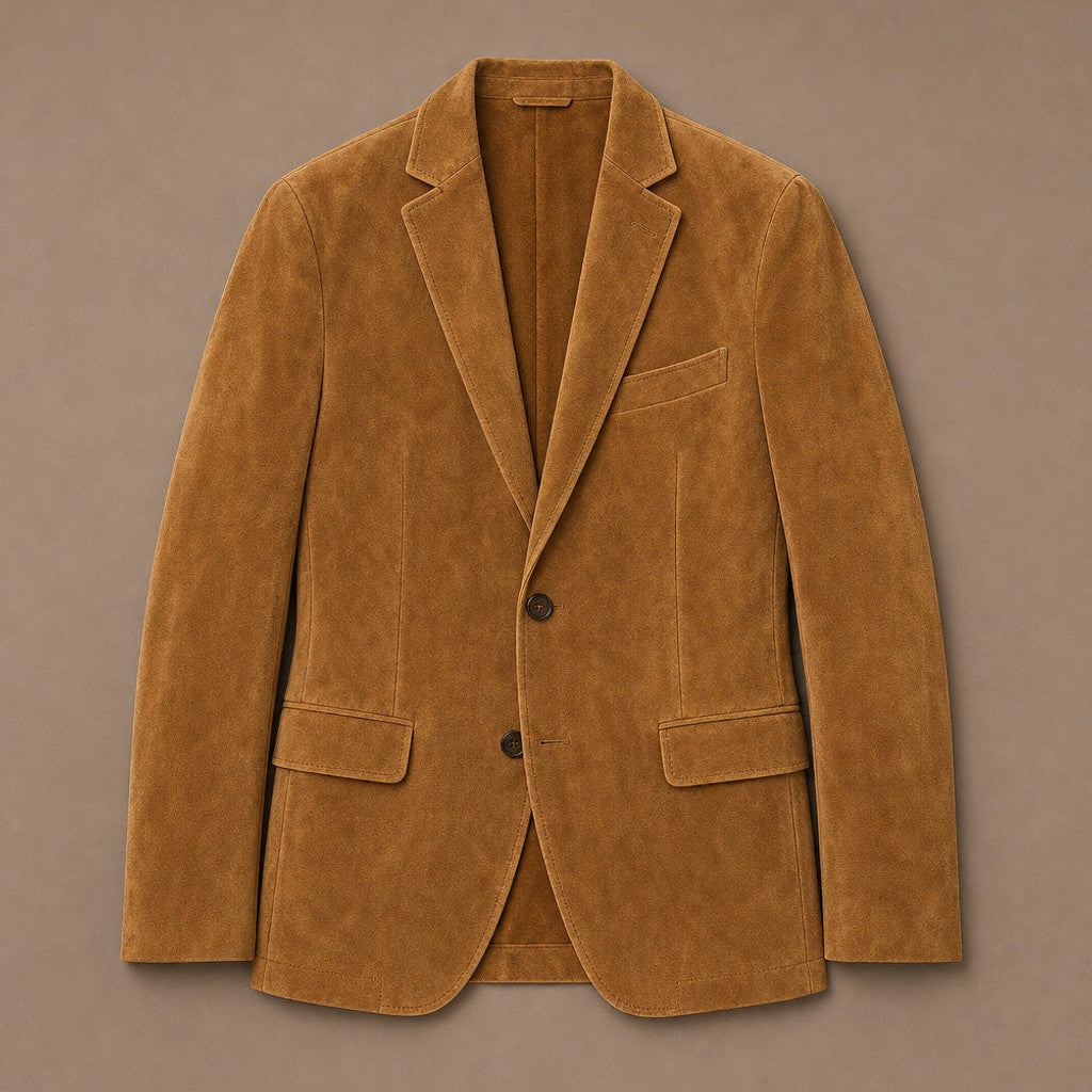Catron | Suede Blazer Slim Fit Two Button Khaki – Flat Lay Product Photo