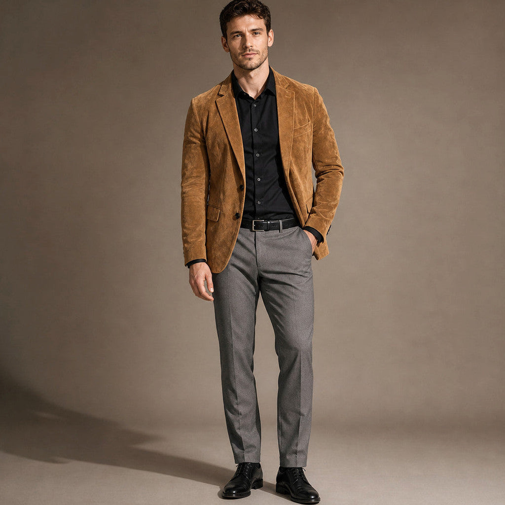 Catron | Suede Blazer Slim Fit Two Button Khaki – Full Look