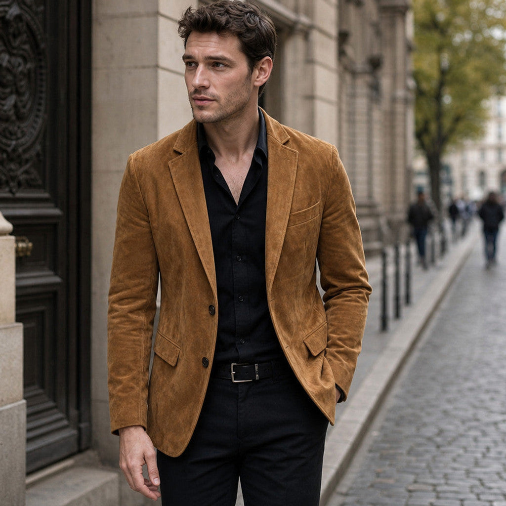 Catron | Suede Blazer Slim Fit Two Button Khaki – Styled Editorial Shot