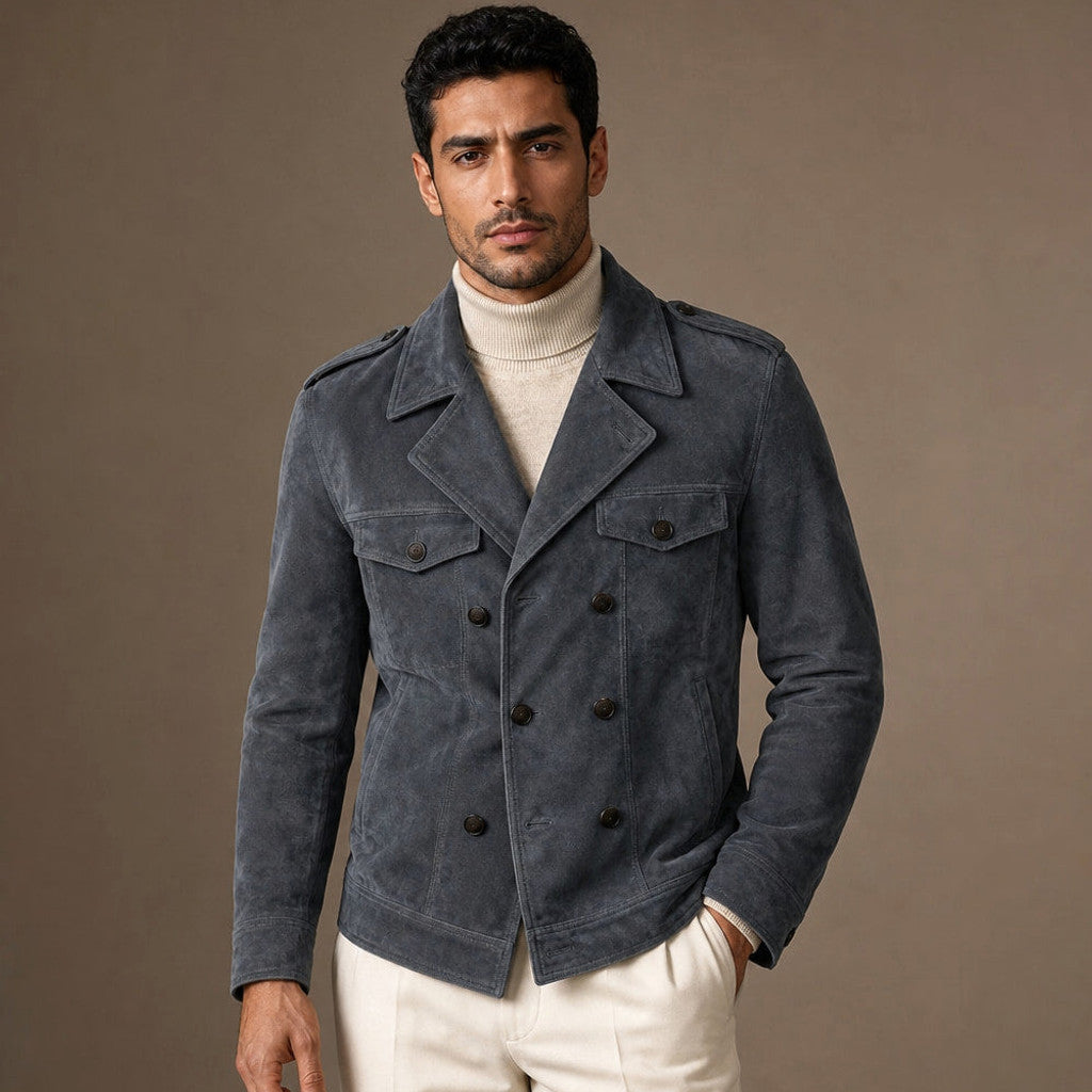 Celron | Suede Blazer Double Breasted in Dark Gray – Premium Editorial