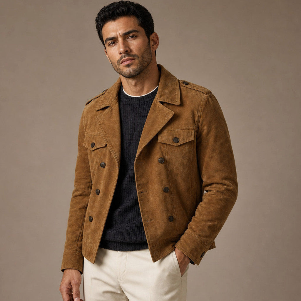 Celron | Suede Blazer Double Breasted Khaki – Side Angle View