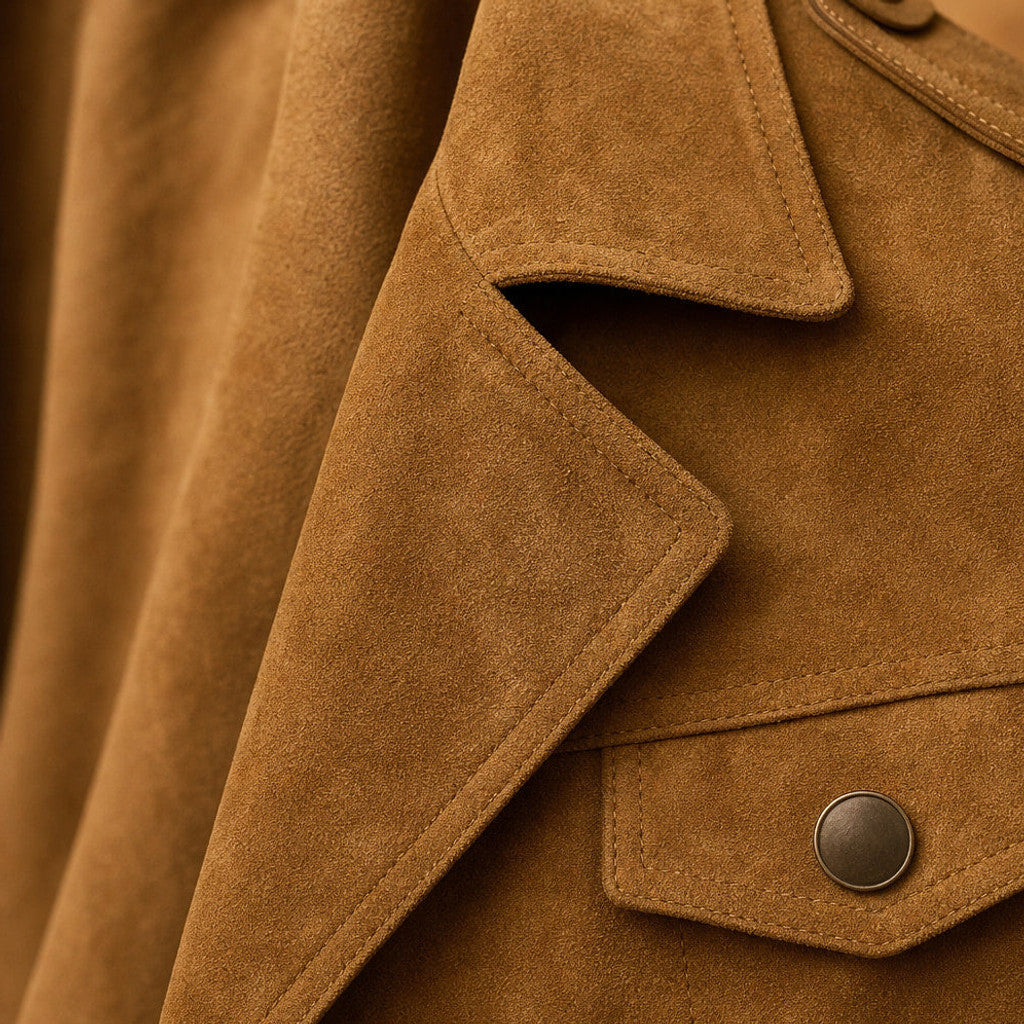Celron | Suede Blazer Double Breasted Khaki – Fabric and Detail Close-Up
