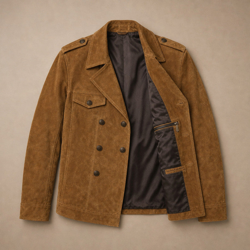 Celron | Suede Blazer Double Breasted Khaki – Flat Lay Product Photo