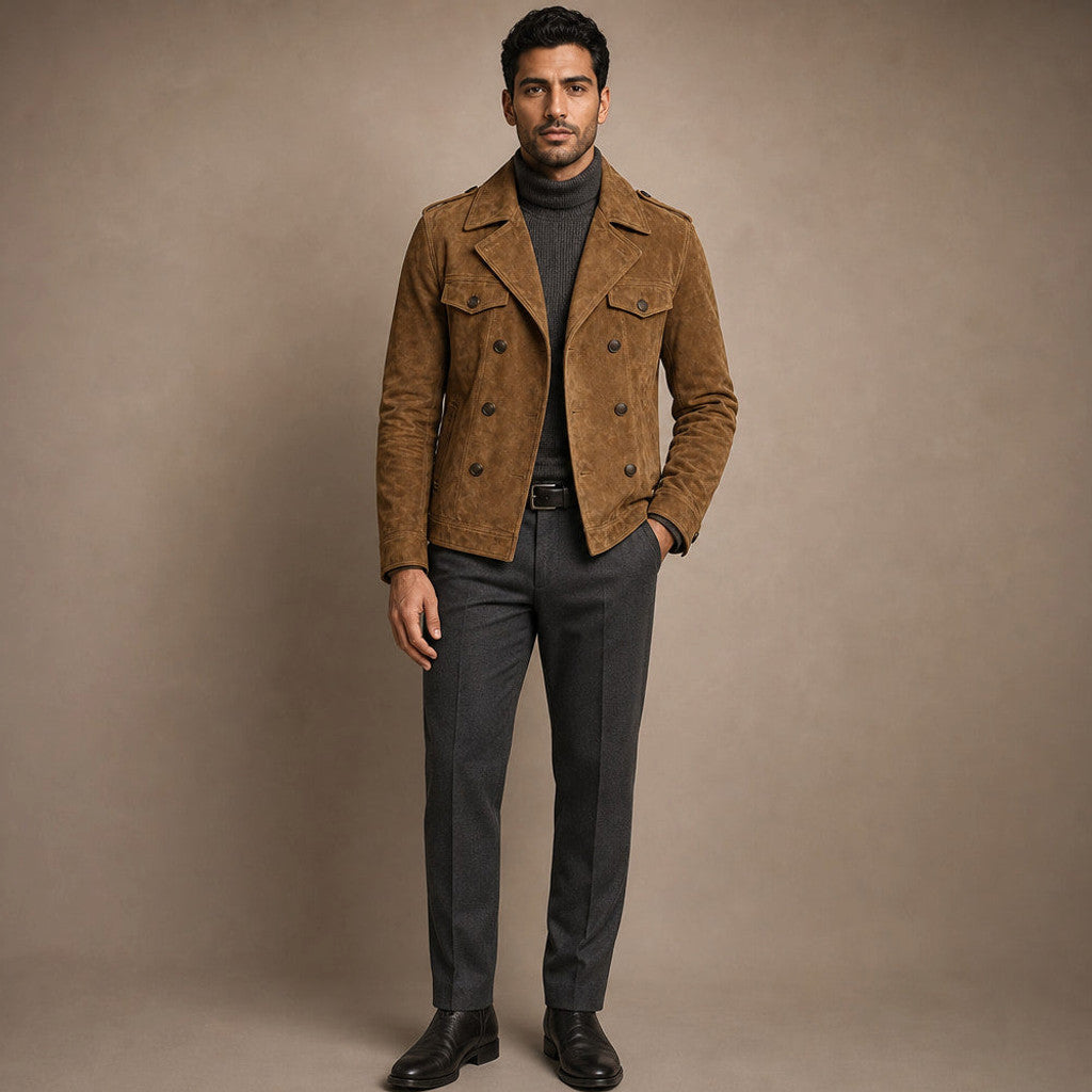 Celron | Suede Blazer Double Breasted Khaki – Full Look