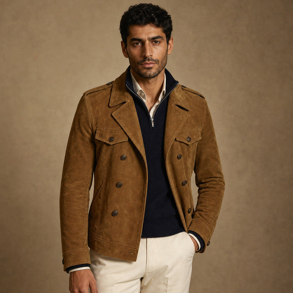 Celron | Suede Blazer Double Breasted in Khaki – Premium Editorial