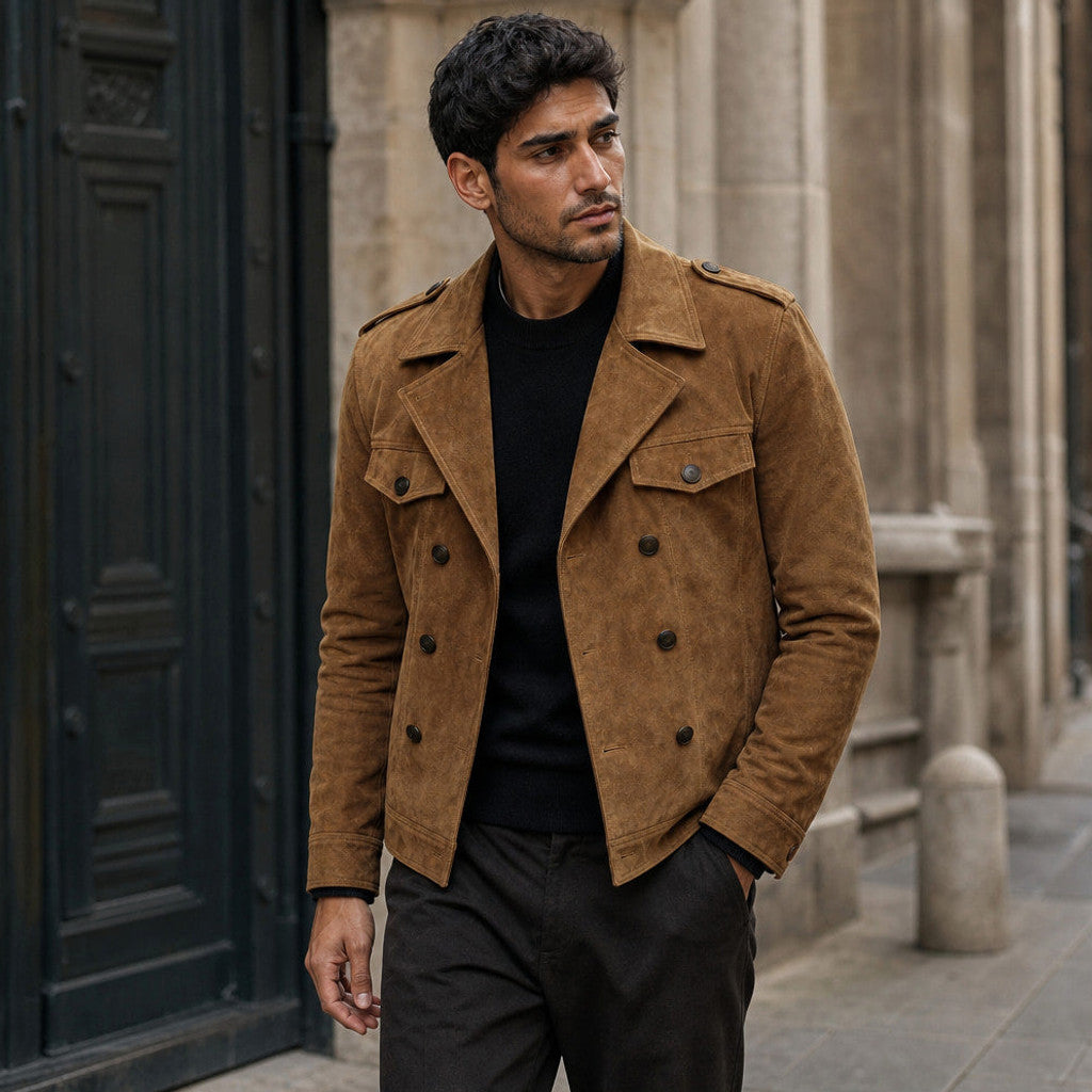 Celron | Suede Blazer Double Breasted Khaki – Styled Editorial Shot
