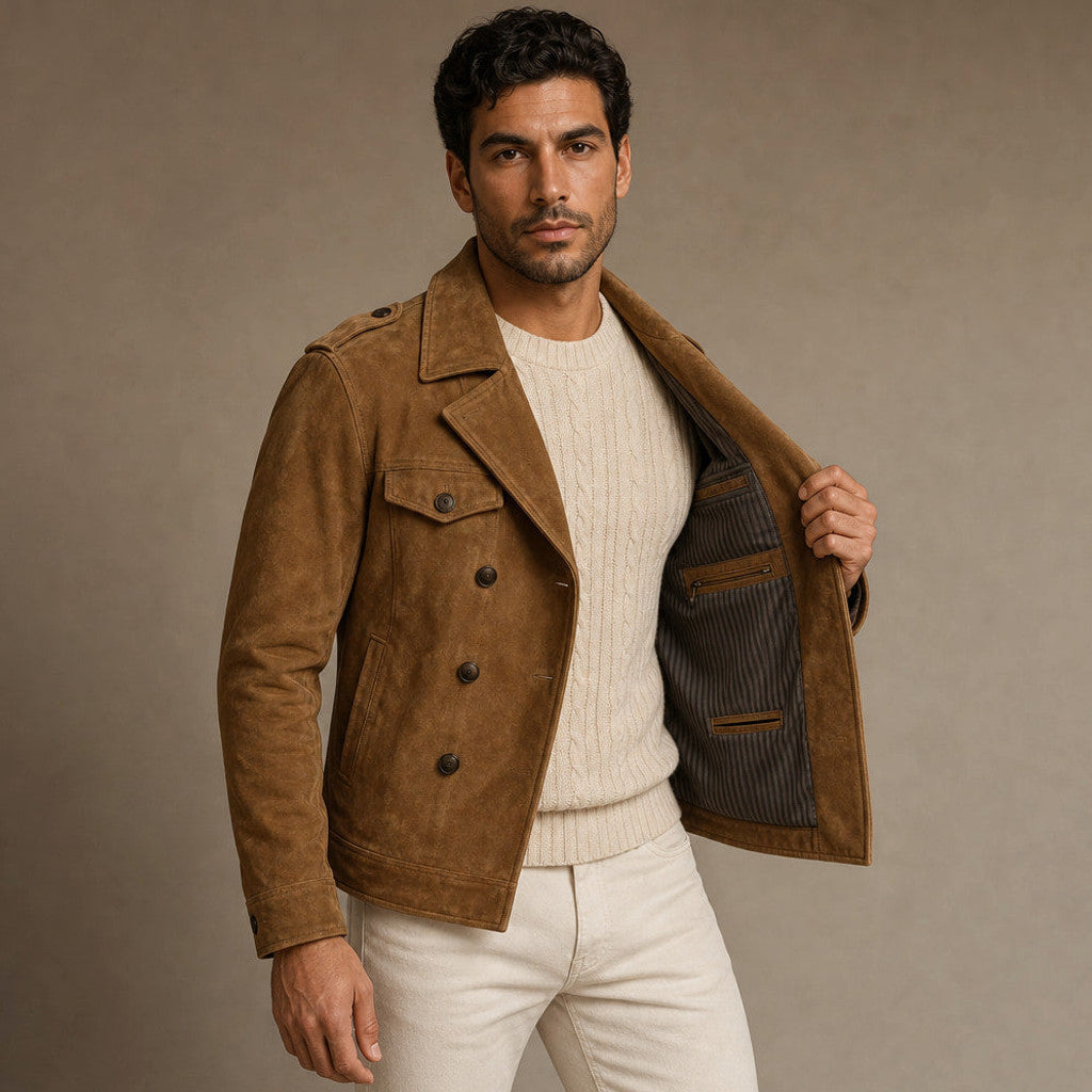 Celron | Suede Blazer Double Breasted Khaki – Interior Lining Detail