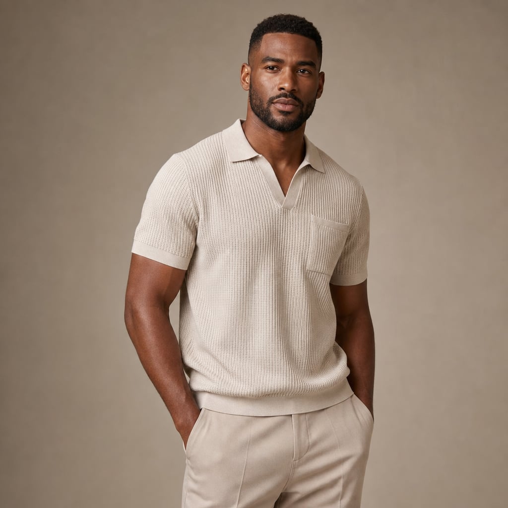 Celvorn | Matching Set Waffle Polo Slim Tapered Trousers Beige – Side Angle View
