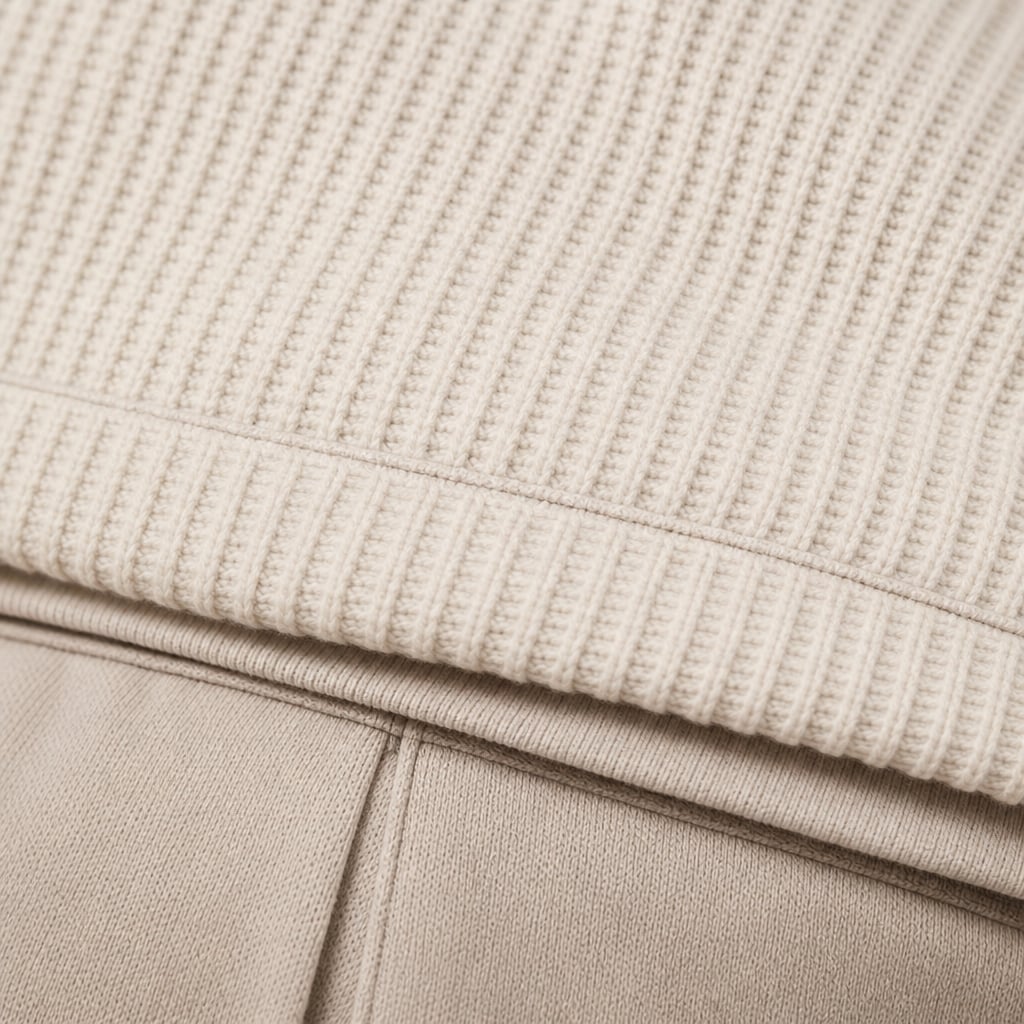 Celvorn | Matching Set Waffle Polo Slim Tapered Trousers Beige – Fabric and Detail Close-Up