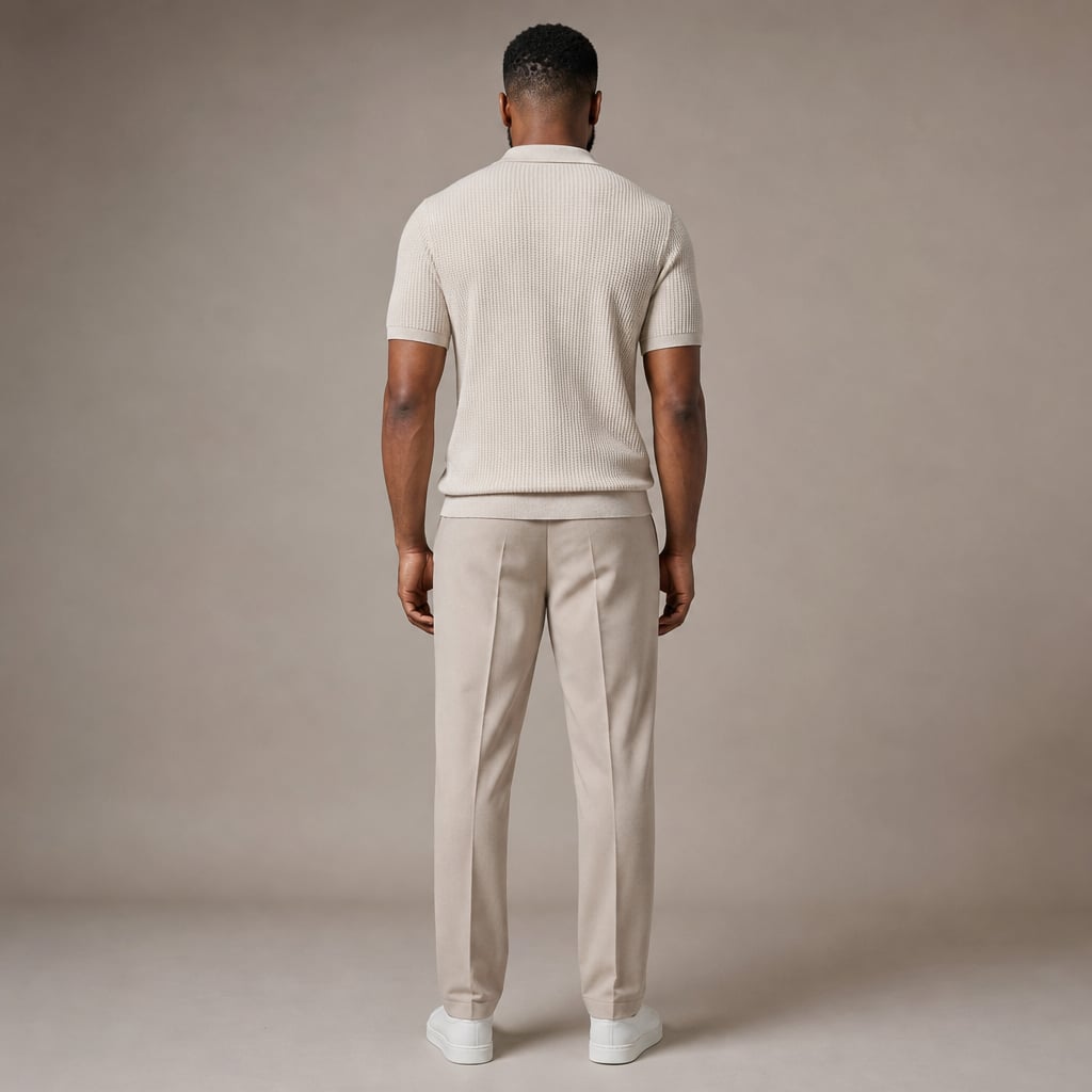 Celvorn | Matching Set Waffle Polo Slim Tapered Trousers Beige – Full Look