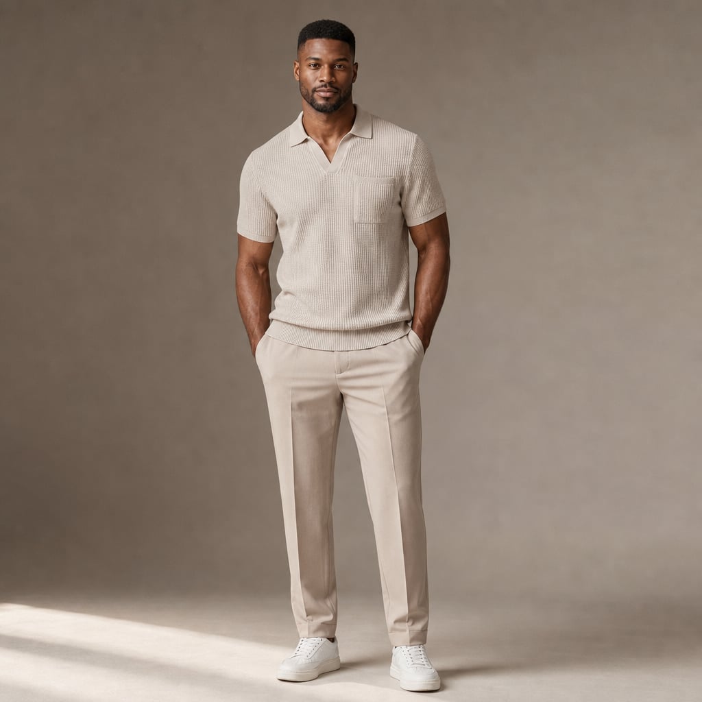 Celvorn | Matching Set Waffle Polo Slim Tapered Trousers Beige – Product Photo