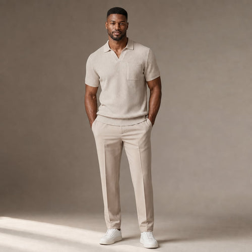 Celvorn | Matching Set Waffle Polo Slim Tapered Trousers Beige – Product Photo