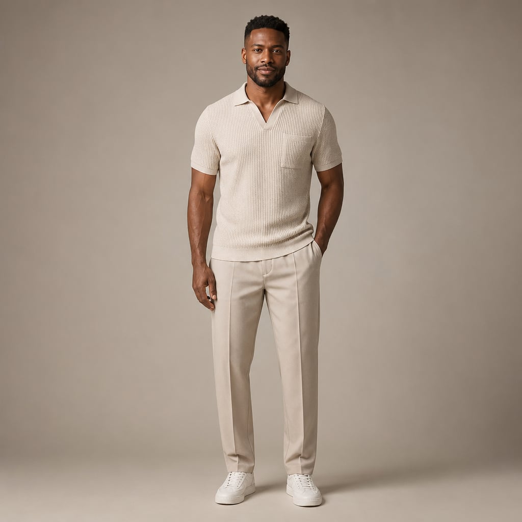 Celvorn | Matching Set Waffle Polo Slim Tapered Trousers in Beige – Tomosino Premium Menswear