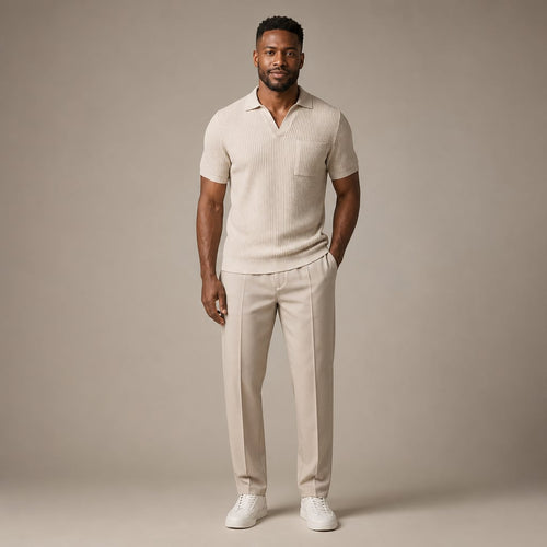 Celvorn | Matching Set Waffle Polo Slim Tapered Trousers in Beige – Tomosino Premium Menswear
