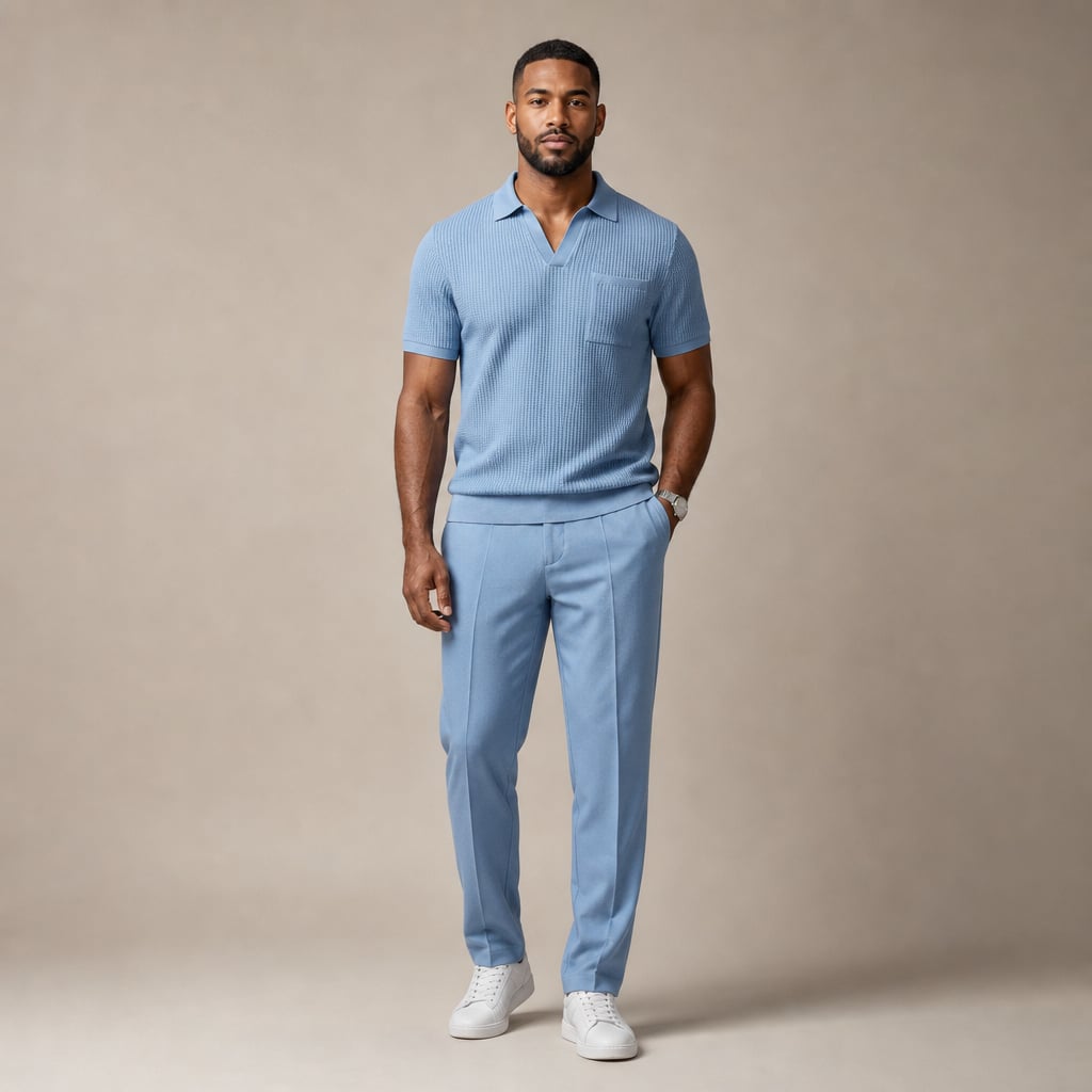 Celvorn | Matching Set Waffle Polo Slim Tapered Trousers Lightblue – Product Photo